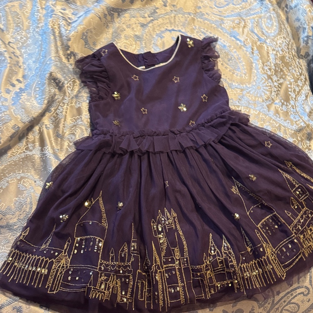 Mini Boden Harry Potter Purple Dress with Gold Accents
